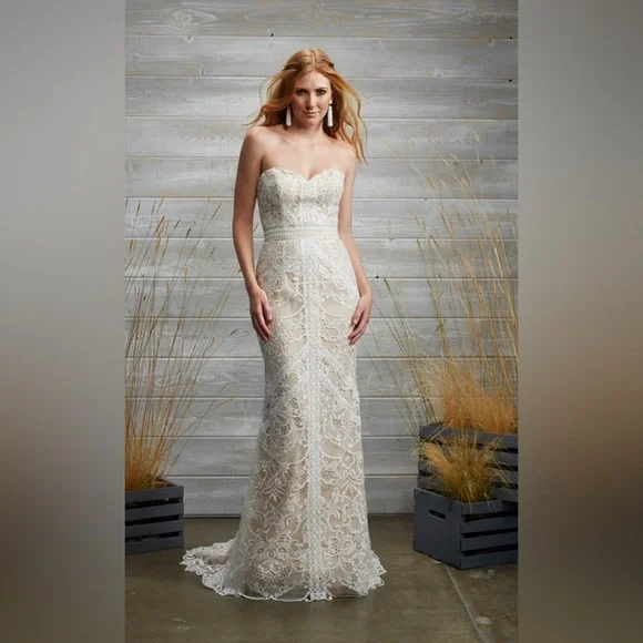 Tara Lauren Spring 2017 Strapless Lace Over Satin with Train Wedding Dress Sz 10 - Picture 1 of 15